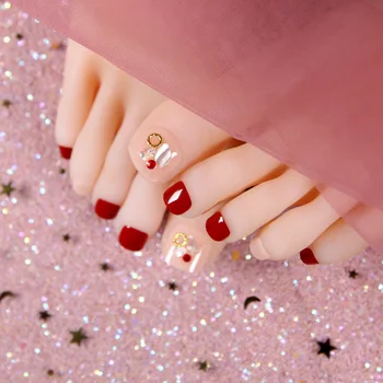 

24pcs/box Foot Fake Nails Detachable Tomato Red Nude Pink with Decoration Wearable Show Foot White Finished Toenails With Glue