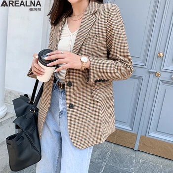 

Vintage Office Ladies Notched Collar tweed Plaid Blazer Long Sleeve Houndstooth Suit Coat Jacket Women blazers Female 2020 fall