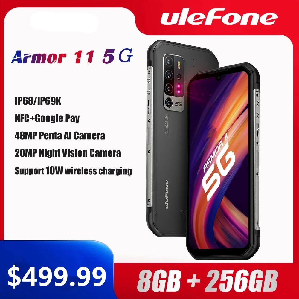 Ulefone Armor 11 5G Rugged Mobile Phone Android 10 8GB +256GB IP68 Waterproof Smartphone 48MP NFC Mobile Phone Wireless Charging
Ulefone Armor 11 5G Rugged Mobile Phone Android 10 8GB +256GB IP68 Waterproof Smartphone 48MP NFC Mobile Phone Wireless Charging