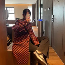 

Vintage Women Houndstooth Wool-cloth Coat Orange-red Blazers 2021 Autumn Casual Notched Collar Long Sleeve Female Suit Outerwear