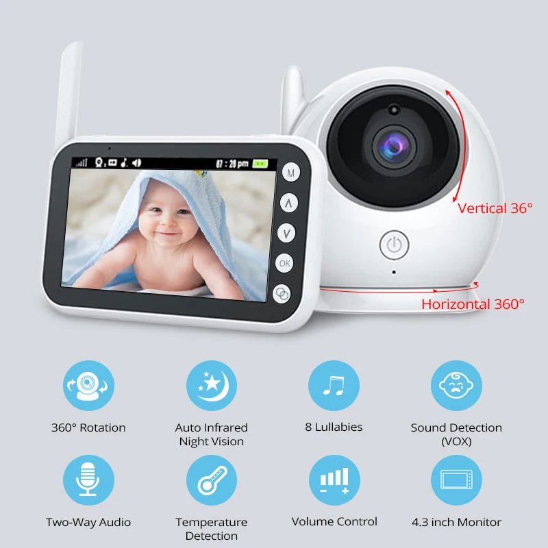 Wireless Video Baby Monitor 4.3 inch Color Security Camera 360° Rotation Baby Nanny Camera Night Vision Temperature Monitoring
Wireless Video Baby Monitor 4.3 inch Color Security Camera 360° Rotation Baby Nanny Camera Night Vision Temperature Monitoring