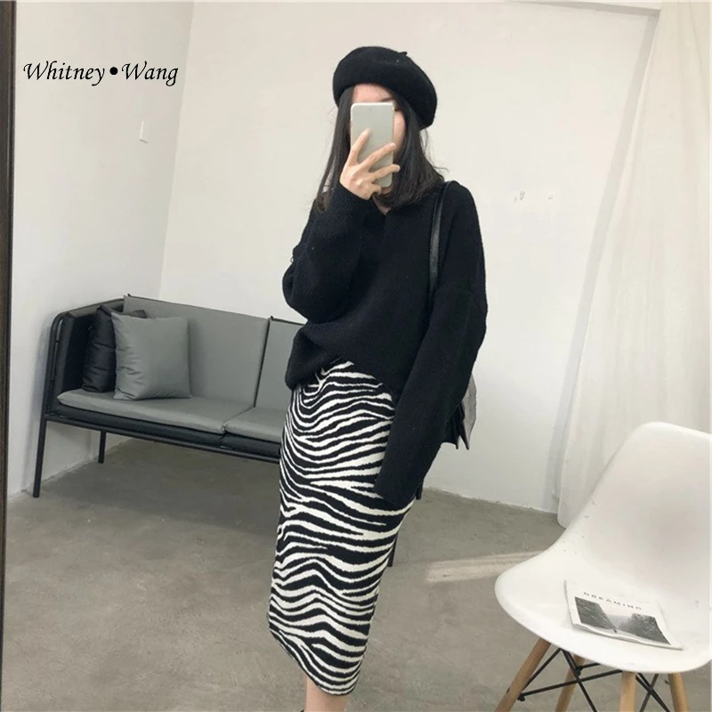 

WHITNEY WANG 2019 Autumn Winter Fashion Streetwear Zebra pattern Knitted Skirt Women Office Lady Skirts faldas saia