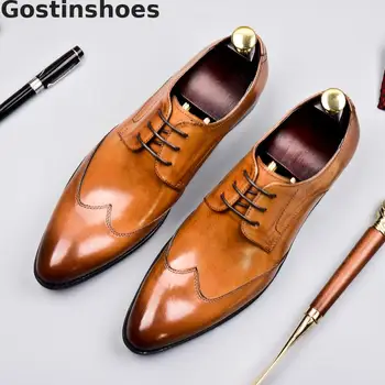 Genuine Leahter Men Shoes Black Brown Lace-up Pointed Toe Wing Tip Derby Dress Shoes Formal Business Leather Shoes Wedding Party
Genuine Leahter Men Shoes Black Brown Lace-up Pointed Toe Wing Tip Derby Dress Shoes Formal Business Leather Shoes Wedding Party