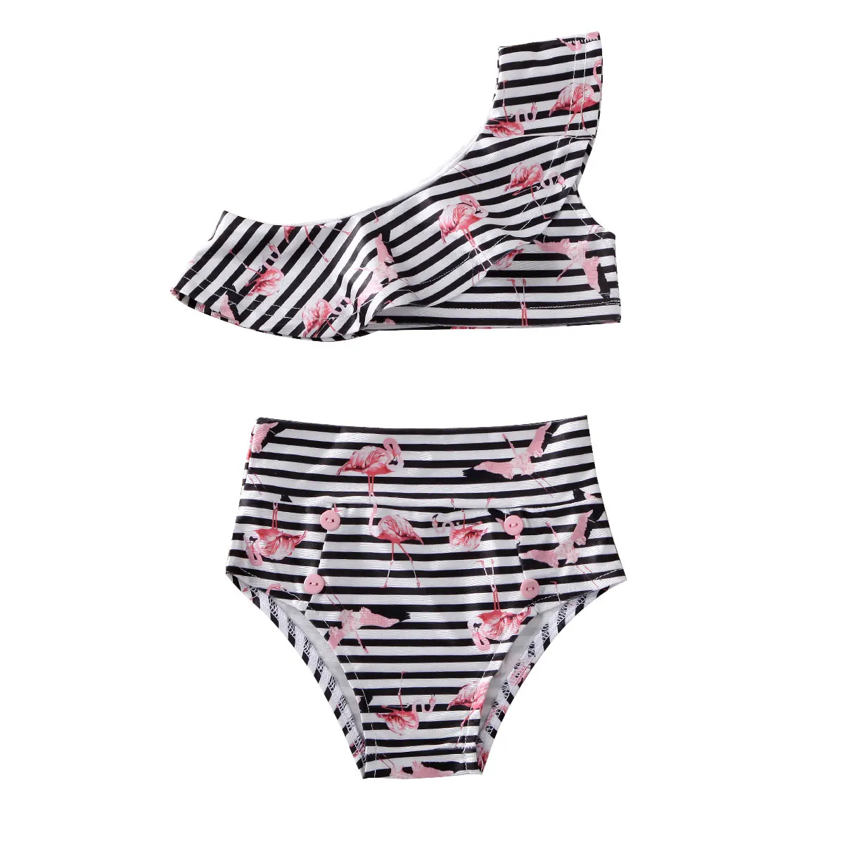 Фото 0-4T Toddler Baby Girls Kid Stripe One Shoulder Tops + Shorts Swimsuit Swimwear Flamingo Swimming Outfit | Мать и ребенок