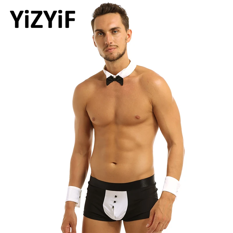 3Pcs Sexy Cosplay Costume Mens Waiter Tuxedo Lingerie Suit Boxer Briefs Underwear With Bow Tie Collar And Bracelets For Roleplay
3Pcs Sexy Cosplay Costume Mens Waiter Tuxedo Lingerie Suit Boxer Briefs Underwear With Bow Tie Collar And Bracelets For Roleplay