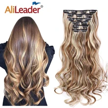 

Alileader 22Inch Synthetic Long Curly 16Clips Clip In Hair Extensions Body Wave Hairpiece 6Pcs Resistant Fiber Ombre Blond Women