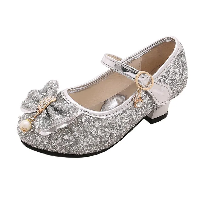 Фото Princess Kids Leather Shoes for Girls Flower Casual Glitter Children High Heel Butterfly Knot Pink Silver | Мать и ребенок