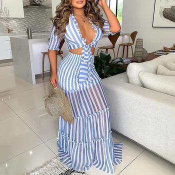 Women Two Piece Skirt Set 2020 Summer Fashion Stripes Blouse Long Skirts See Through Beach Female Suit Pink Green African Sets
Women Two Piece Skirt Set 2020 Summer Fashion Stripes Blouse Long Skirts See Through Beach Female Suit Pink Green African Sets
