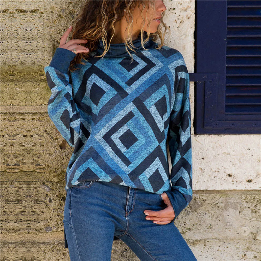 Jaycosin Fashion Casual Lady Long Sleeve Loose Geometric Turtleneck Knitted Sweater Stylish Comfortable Soft Elegant Fit Top