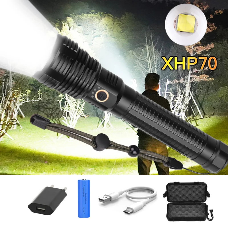 Super Powerful LED Flashlight USB Rechargeable XHP70 LED Flashlight Waterproof Zoom Torch Use 18650 26650 Battery
Super Powerful LED Flashlight USB Rechargeable XHP70 LED Flashlight Waterproof Zoom Torch Use 18650 26650 Battery