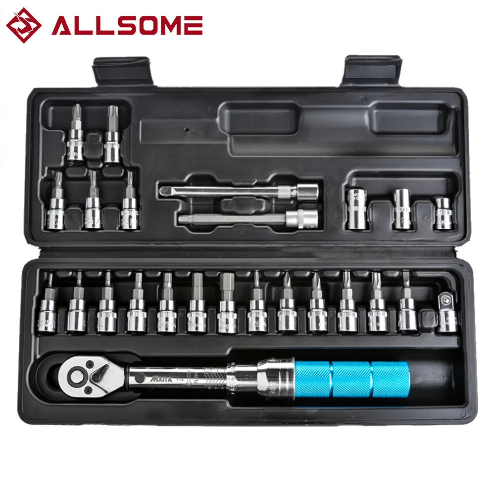 ALLSOME 25PCS 1/4" 2-14Nm Adjustable Torque Wrench Bicycle Repair Tools Kit Set Tool Bike Repair Spanner Hand Tool Set
ALLSOME 25PCS 1/4" 2-14Nm Adjustable Torque Wrench Bicycle Repair Tools Kit Set Tool Bike Repair Spanner Hand Tool Set
