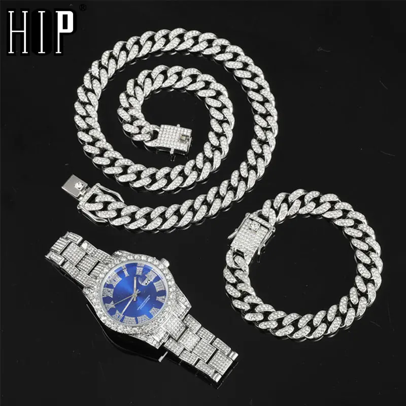 

Hip Hop 13MM 3PCS KIT Watch+Necklace+Bracelet Bling Crystal AAA+ Iced Out Cuban Chain Rhinestones Chains For Women Men Jewelry