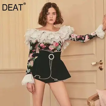 

DEAT 2020 new spring fashion women clothes slash collar backless flare sleeves lace patchwork printed colorful shirt and shorts