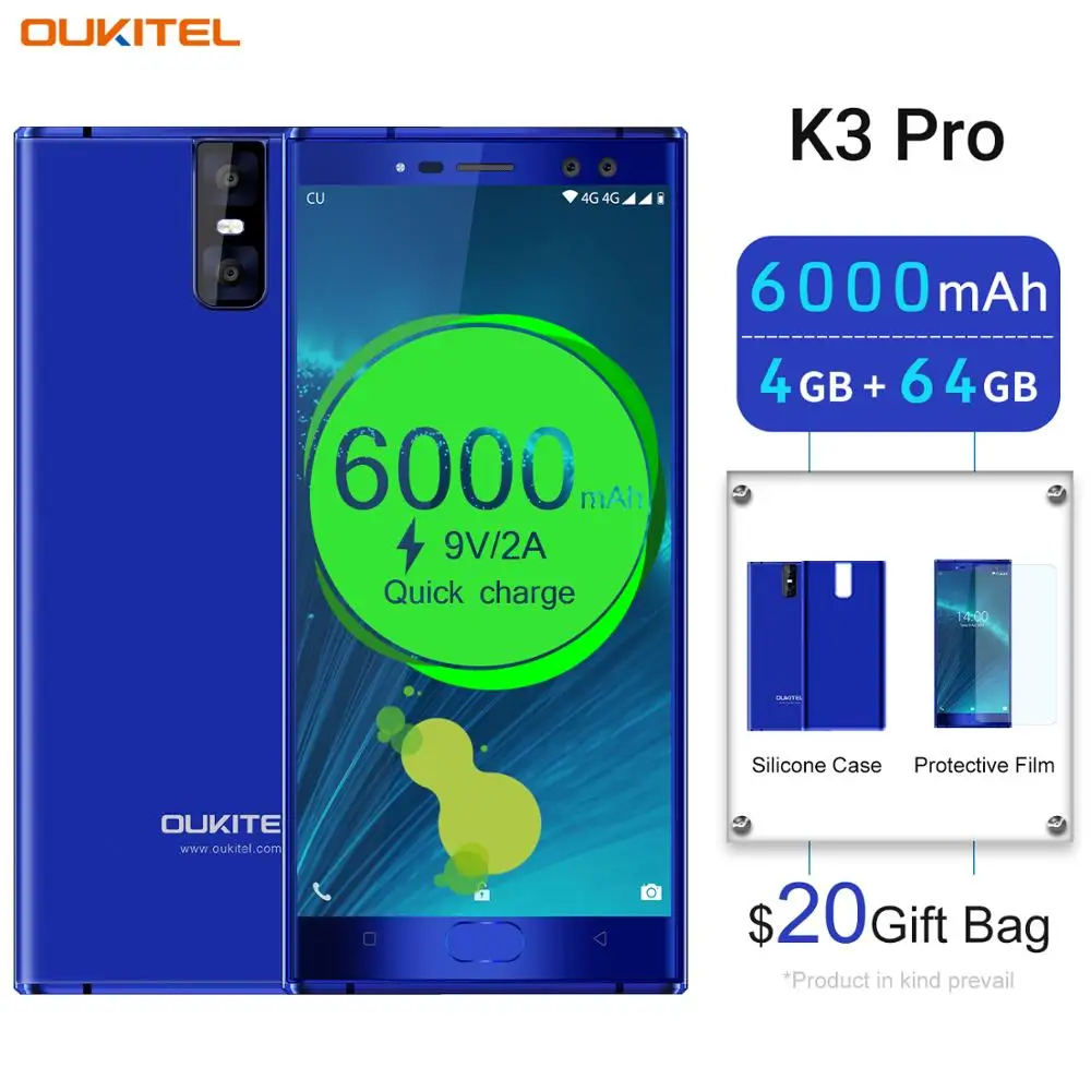 

OUKITEL K3 Pro 4GB+64GB Smartphone Android 9.0 Pie MT6763 Octa Core 5.5" FHD 6000mAh Face ID 9V/2A Flash Charge Mobile Phone
