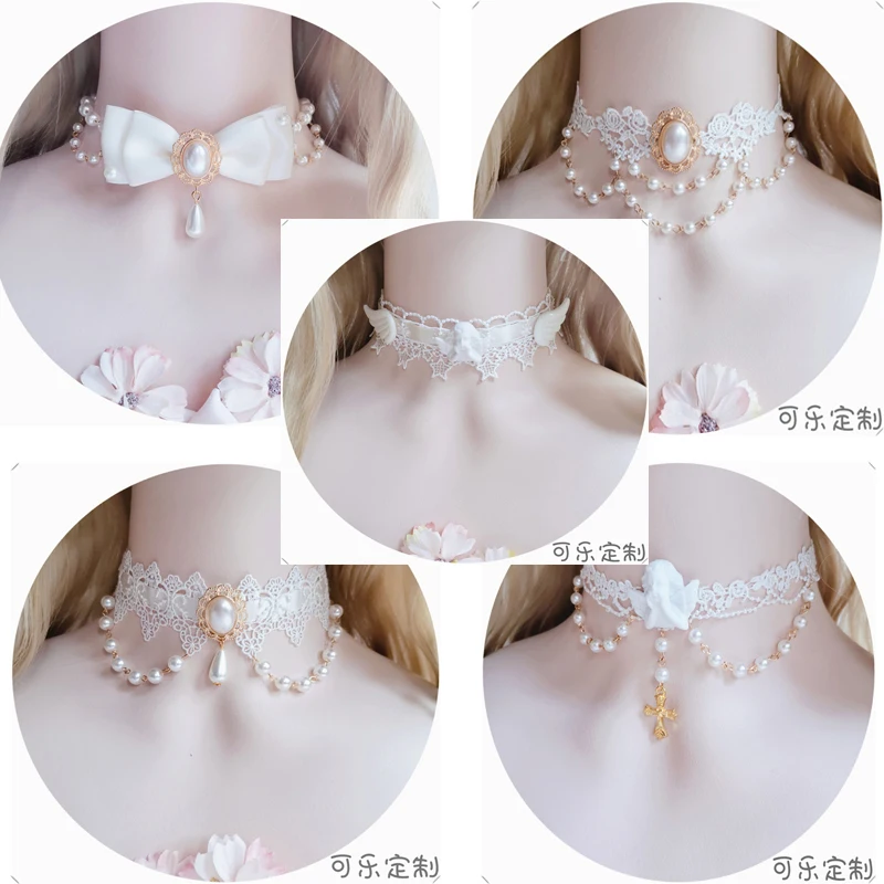 

Handmade Vintage LolitaWhite Angel Wings Choker Mori Girl Necklace Lace Gem Bowknot Pearl sweet Cute Elegant Collarbone Chain