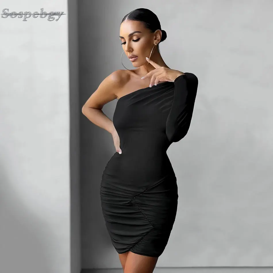 

2021 Summer Women's New Fashion Sexy Irregular Single-sleeve Oblique Shoulder Tight-fitting Mini Dress Rib Knit All-match Dress