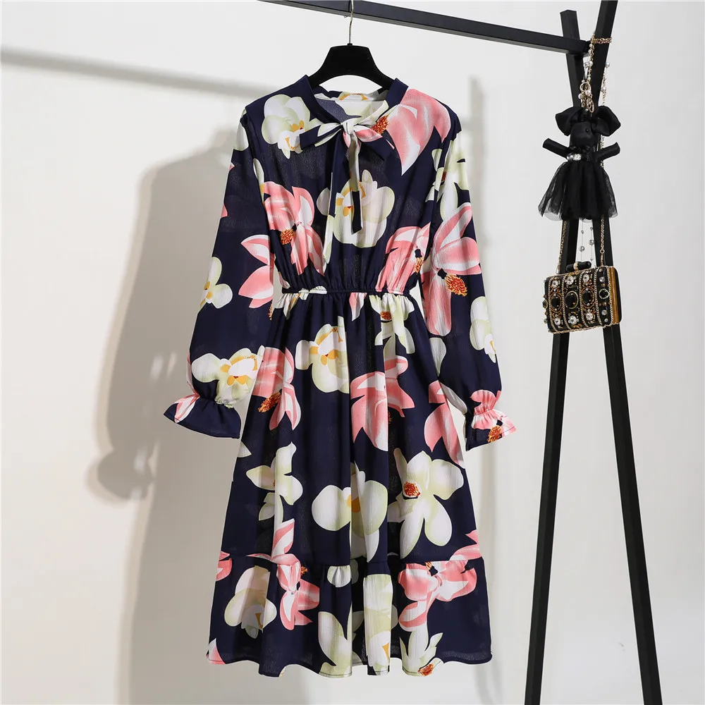 Women Casual Korean Style Chiffon Dress Flower Print Long Sleeve Bow Elastic Waist Office Dress Elegant Spring Midi Dress Vestid
Women Casual Korean Style Chiffon Dress Flower Print Long Sleeve Bow Elastic Waist Office Dress Elegant Spring Midi Dress Vestid
