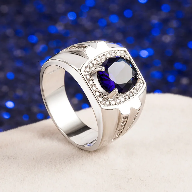 Фото Мужское Винтажное кольцо из серебра 925 пробы с круглым сапфиром | Украшения и