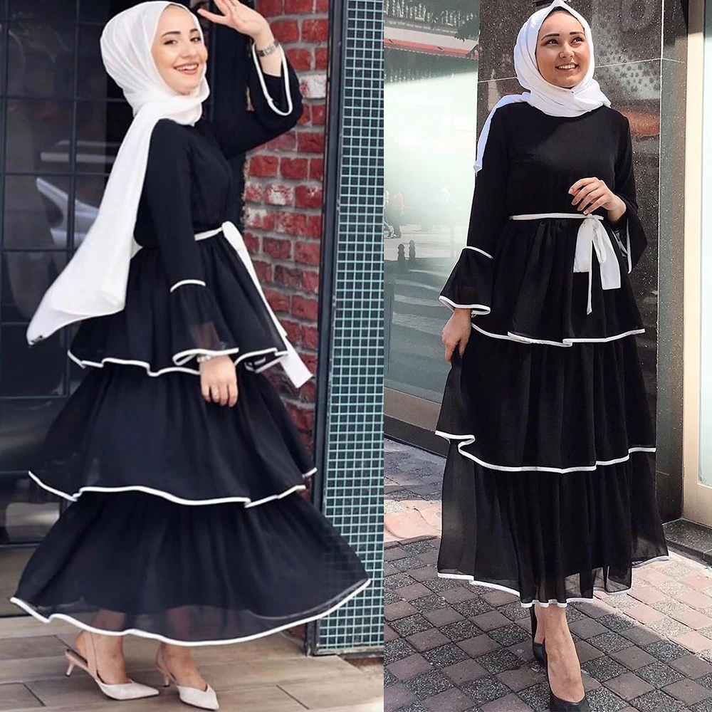 Мусульманское платье для женщин Дубай абайя с оборками модная Повседневная