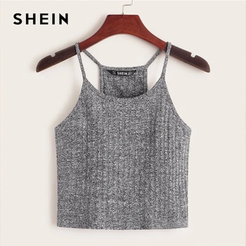 

SHEIN Grey Rib-knit Cami Top Women Vests 2019 Women Basic Clothing Stretchy Slim Fit Autumn Spaghetti Strap Casual Tops