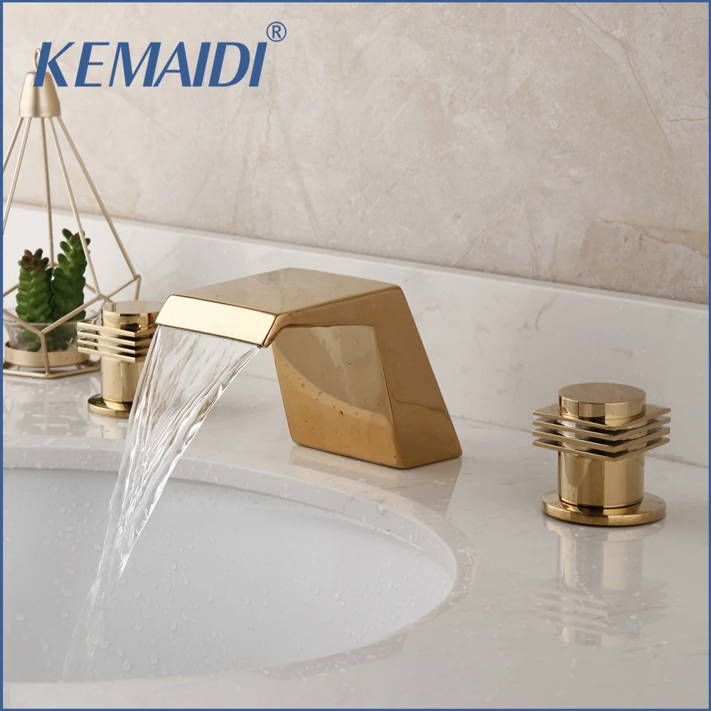 

KEMAIDI Solid Brass Widespread Basin Sink Faucet Hot&Cold Waterfall Mixer Faucets Deck Mounted Golden Plated 3 pcs Bathtub Tap