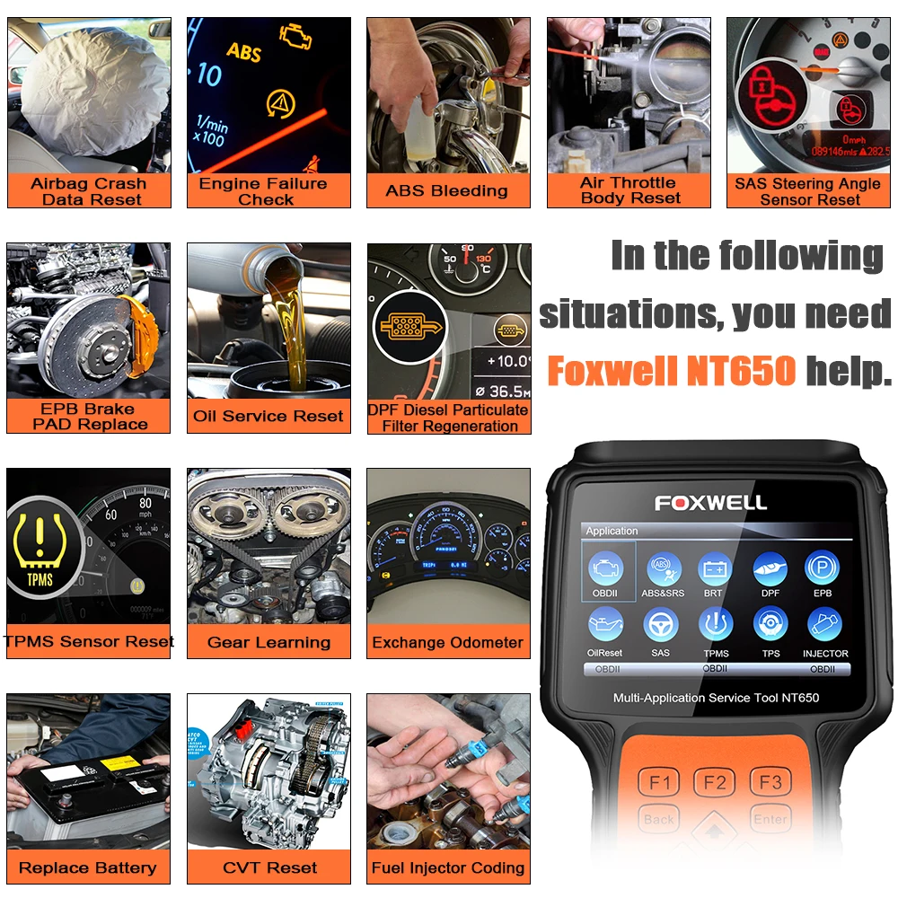 FOXWELL NT650 OBD2 Car Diagnostic Tool DPF Injector BMS EPB Oil Reset Multi-Application Service OBD OBD2 Automotive Scanner