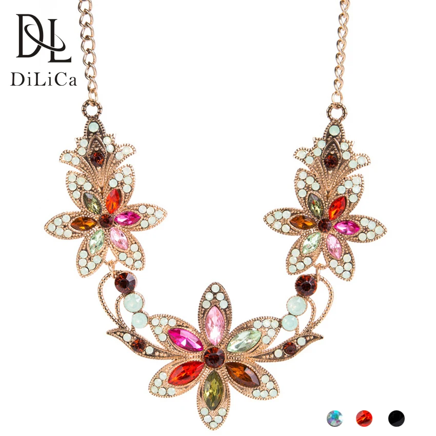 DiLiCa Elegant Flower Statement Necklace for Women Vintage Rhinestone Maxi Necklaces & Pendants Bib Jewelry | Украшения и