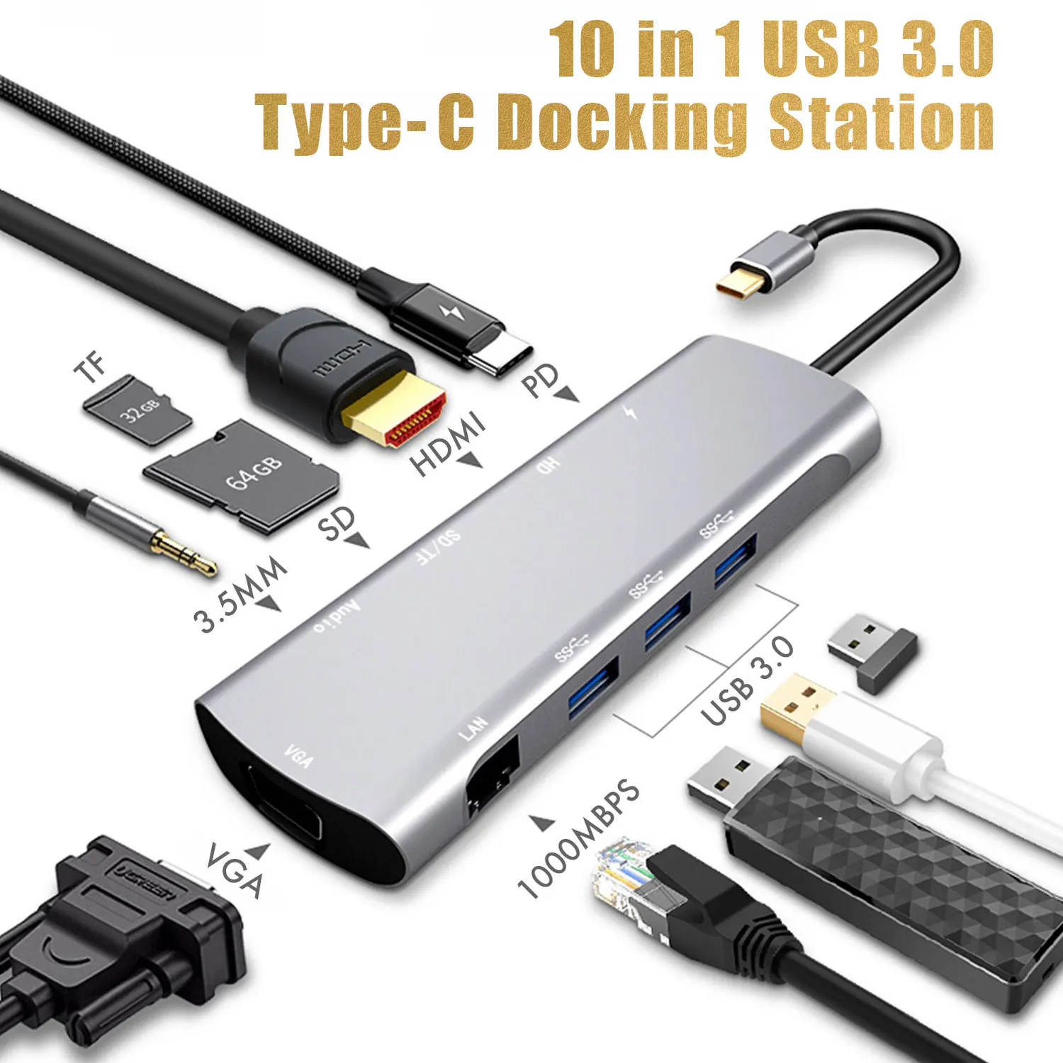 10 in 1 Type C Hub USB C to USB3.0 TF SD HDMI VAG PD LAN Audio Adapter HD High Speed USB Type C Docking Station for MBP Samsung
10 in 1 Type C Hub USB C to USB3.0 TF SD HDMI VAG PD LAN Audio Adapter HD High Speed USB Type C Docking Station for MBP Samsung
