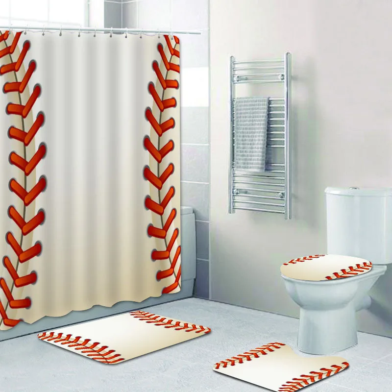 

Funny Baseball Shower Curtain Set for Bathroom Baseball Stitched Ball Look Design Bath Curtains Mats Rugs Sports Home Decor Gift