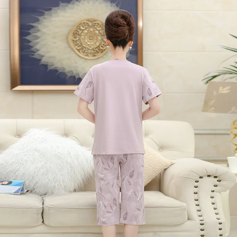 

Peach Scent Middle-aged Mom Pure Cotton Pajamas Women's Summer Short-sleeved Trousers Middle-aged Cotton Thin Homewear Set