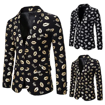 Men's suit slim fit fashion Lips Print gold stamping suit dress performance coat 
Men's suit slim fit fashion Lips Print gold stamping suit dress performance coat