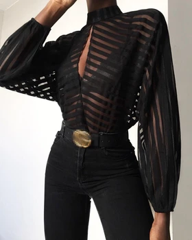2019 New arrival Women Gauze Mesh Net Blouse Sheer Long Sleeve Ladies Shirt Black Front Hollow Black Striped Blouse Shirt 
2019 New arrival Women Gauze Mesh Net Blouse Sheer Long Sleeve Ladies Shirt Black Front Hollow Black Striped Blouse Shirt