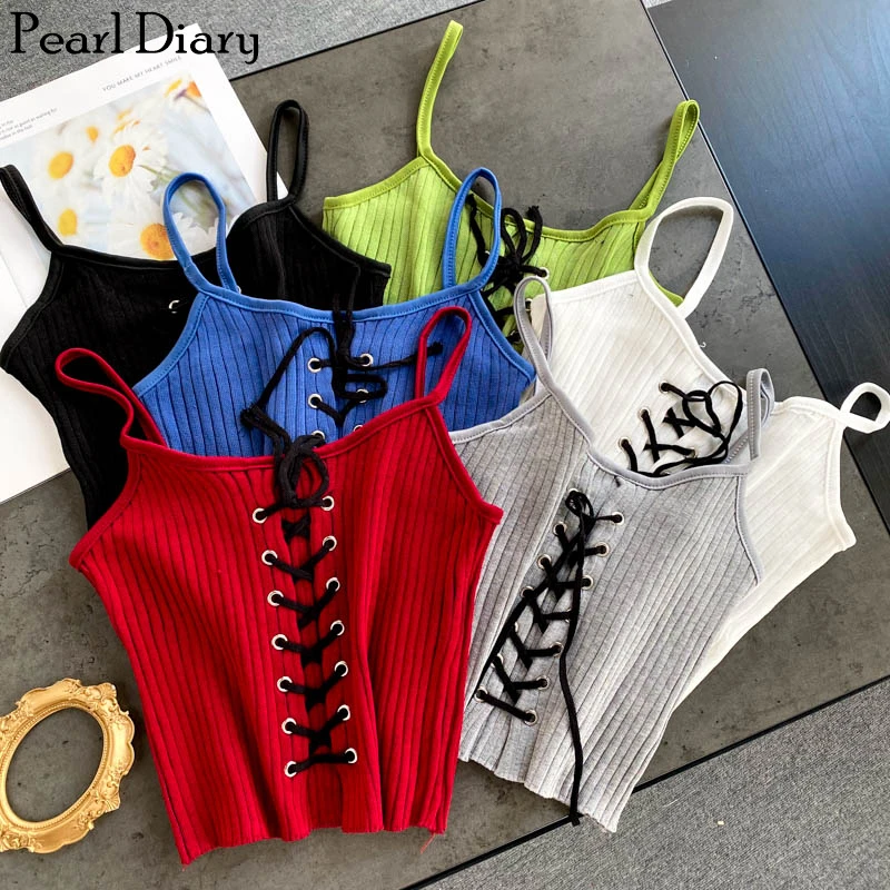 

Pearl Diary Women Knitting Spaghetti Hot Camis Summer Lace Up Front Sexy Crop Top Female Drawstring Going Out Skinng Tank Tops