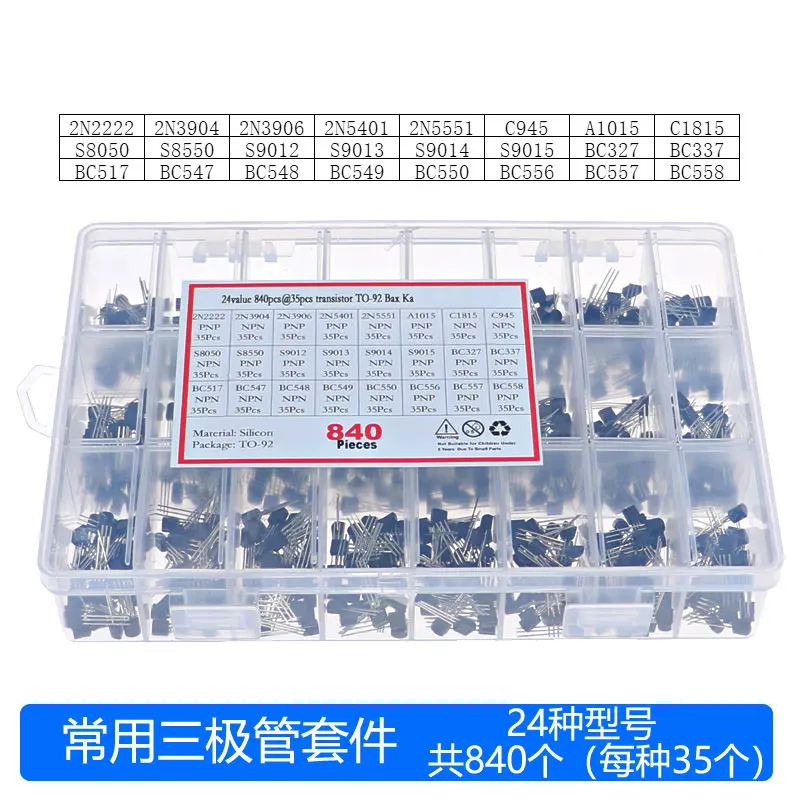 

840pcs/Box 24Values TO-92 Transistor Assortment Kit BC327 BC337 BC547 S8050 S9014 2N2222 3904 3906 C945 PNP/NPN transistors pack