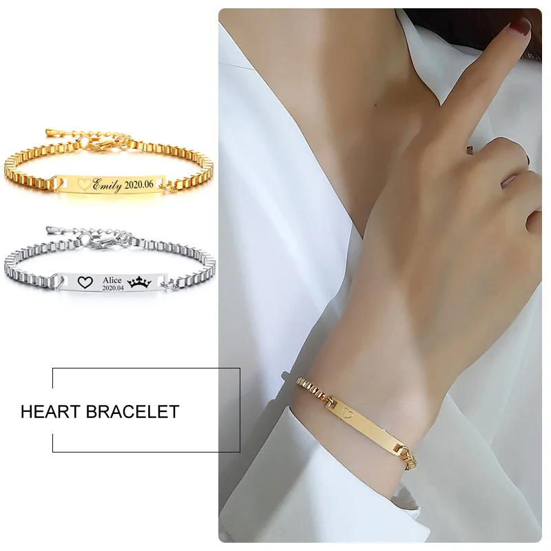 Personalized Engraved Women Heart Bracelet Stainless Steel Box Chain Gold Bar Charm Braslet 
Personalized Engraved Women Heart Bracelet Stainless Steel Box Chain Gold Bar Charm Braslet