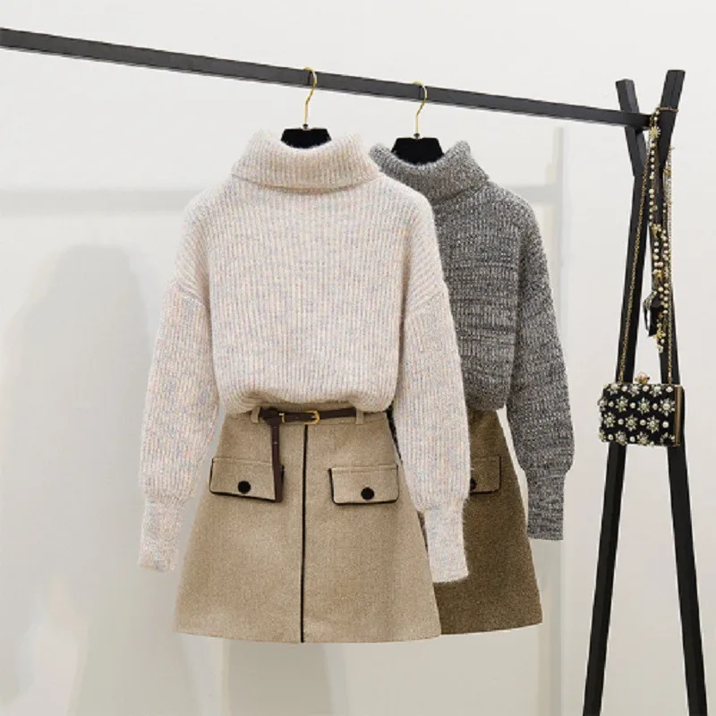 Turtleneck Pullover Sweater + Woolen A-line Mini Skirt Set 2 Piece Set Fall Winter Knitted Jumper Tops Skirt Suits Matching A096
Turtleneck Pullover Sweater + Woolen A-line Mini Skirt Set 2 Piece Set Fall Winter Knitted Jumper Tops Skirt Suits Matching A096
