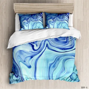 모던한 블루 대리석 무늬 이불 커버 아트 추상 침구 세트, 퀸 홈 직물 돌 패턴 질감 침대 세트