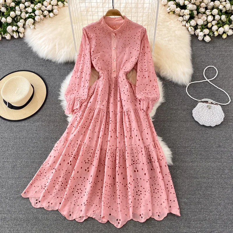 

2022 Spring and Autumn Retro Palace Style Hollow Out Lapel Dress Seaside Holiday Elegant Large Swing Long Dress