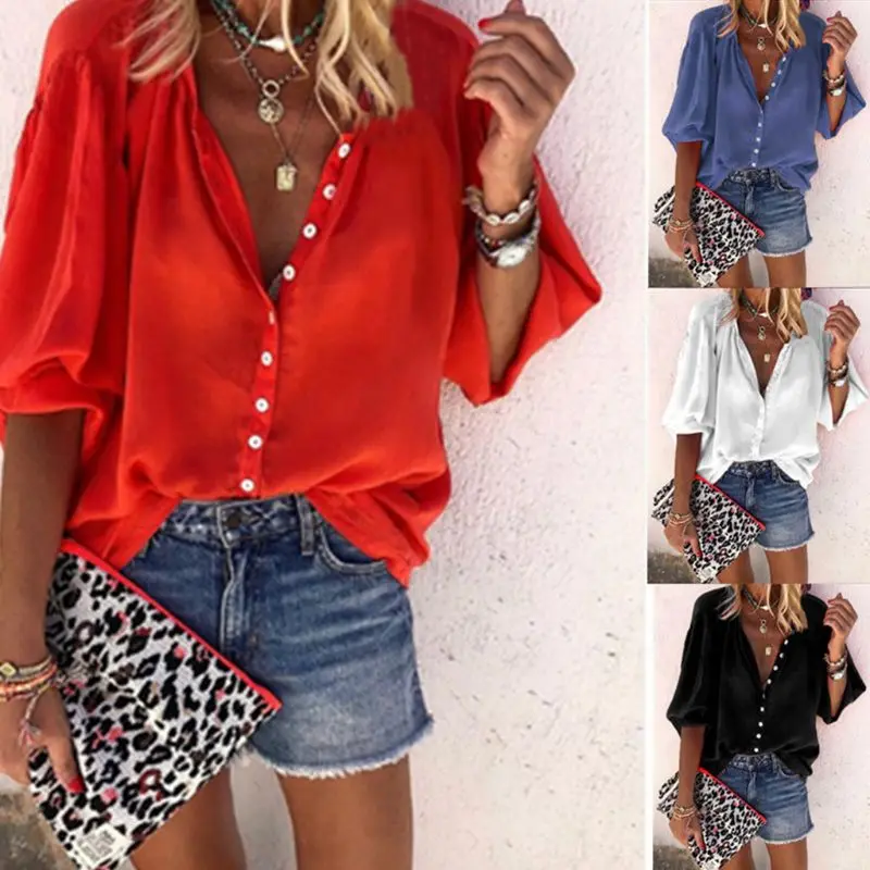 Women Plus Size 3/4 Puff Sleeves Blouse Lady Button Down Sexy Deep V-Neck Shirt Solid Color Autumn Casual Loose Tops S-3XL
Women Plus Size 3/4 Puff Sleeves Blouse Lady Button Down Sexy Deep V-Neck Shirt Solid Color Autumn Casual Loose Tops S-3XL