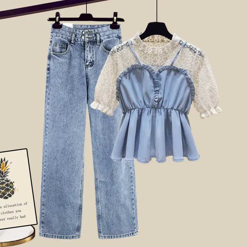 Two-piece Plus Size Women's 2021 Summer New Fake Two-piece Short-sleeved T-shirt High-waist Jeans Suit Women's Sportswear
Two-piece Plus Size Women's 2021 Summer New Fake Two-piece Short-sleeved T-shirt High-waist Jeans Suit Women's Sportswear
