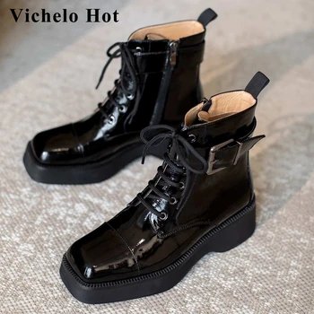 Vichelo Hot motorcycle boots thick bottom real cow leather buckle square toe high heel zip coolest energy lady ankle boots L85 
Vichelo Hot motorcycle boots thick bottom real cow leather buckle square toe high heel zip coolest energy lady ankle boots L85