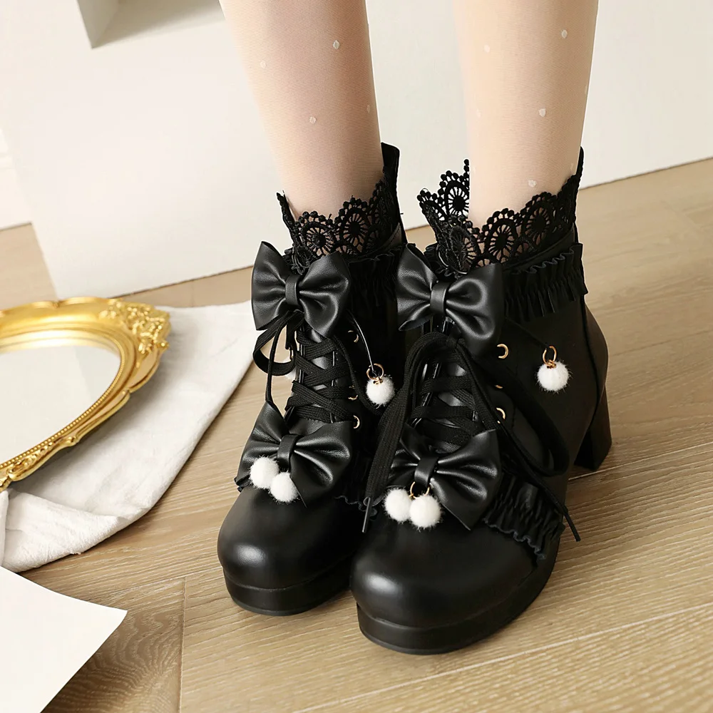 Pink White Black Chunky Heel Lolita Shoes Butterfly-knot Hollow Lace Womens Cosplay Princess Court Vintage Winter Ankle Boots Pink White Black Chunky Heel Lolita Shoes Butterfly-knot Hollow Lace Womens Cosplay Princess Court Vintage Winter Ankle Boots