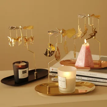 Rotating Carrousel Candle Holders with Storage Tray Christmas Deer Scented Candle Rack Swivel Tealight Candlestick Home Decor