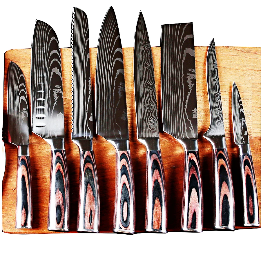 Фото 8 комплектов 3 5-7-8 дюймового японского лазерного кухонного ножа Дамасского