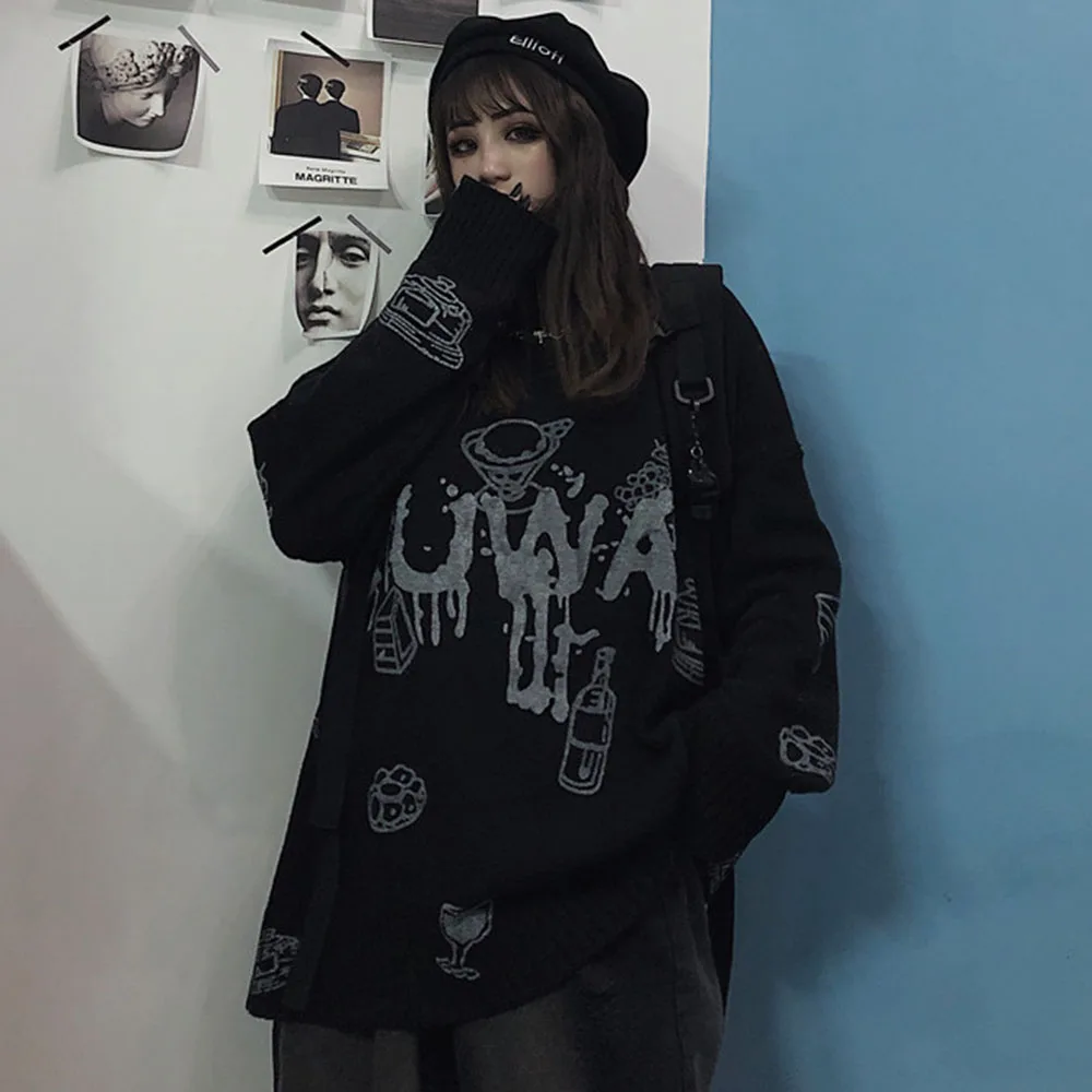 Gothic Punk Black Knitted Sweater Oversize Women Autumn Spring Turtle Neck Printed Casual Pullover Jumper fall 2020 women trendy
Gothic Punk Black Knitted Sweater Oversize Women Autumn Spring Turtle Neck Printed Casual Pullover Jumper fall 2020 women trendy