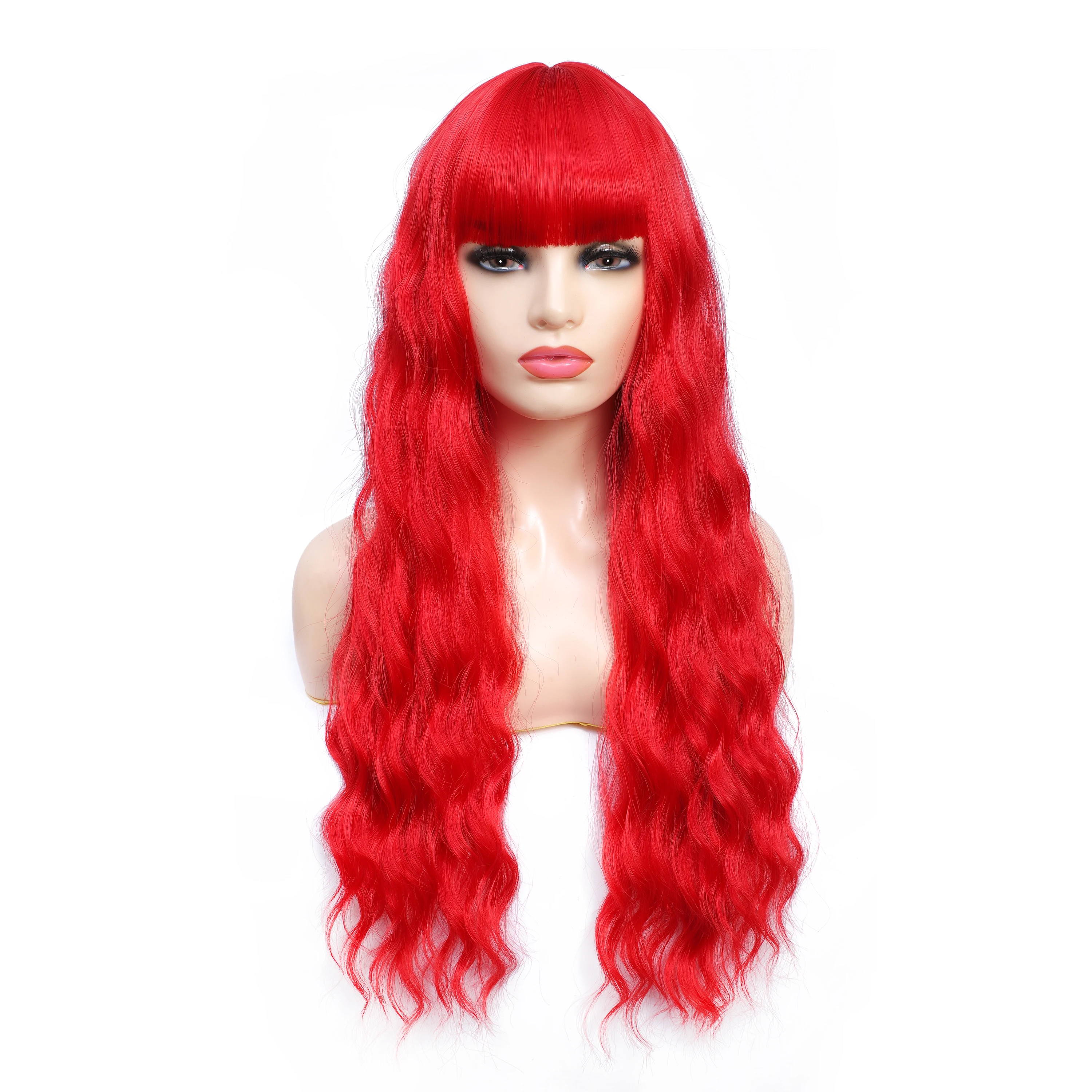 

LANYI Hair 28 inches Long Wavy Red Synthetic Hair Wigs with Bangs For Women Cosplay Daily Use Wigs Heat Resistant lolita fashion