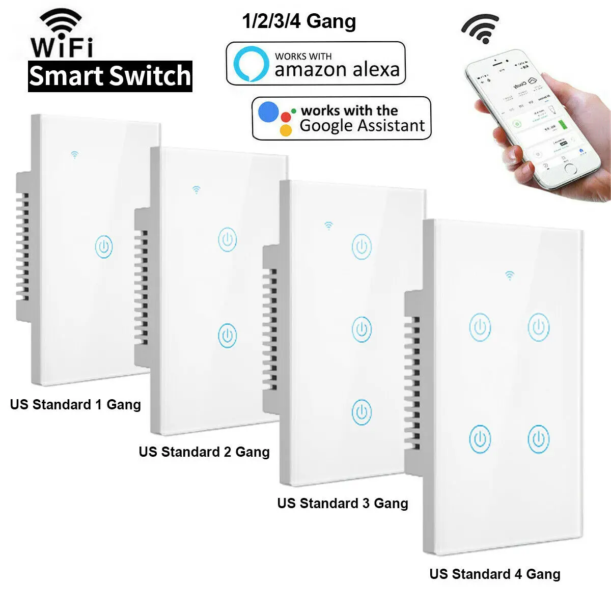 1/2/3/4 Gang Home Smart WiFi Wireless Wall Light Switch Touch Panel For Alexa Google timing Remote Control Dimmable white/ black | Лампы и