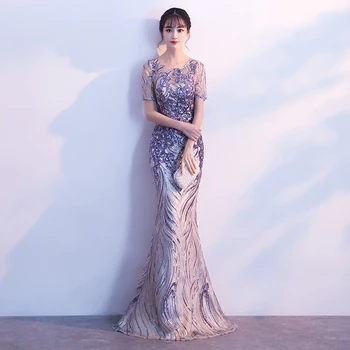 Sequin Gold O-Neck Cheongsam Trumpet Sexy Half Sleeve Luxury Prom Party Dress Full Length Tight Robe De Soiree Flower Qipao 
Sequin Gold O-Neck Cheongsam Trumpet Sexy Half Sleeve Luxury Prom Party Dress Full Length Tight Robe De Soiree Flower Qipao