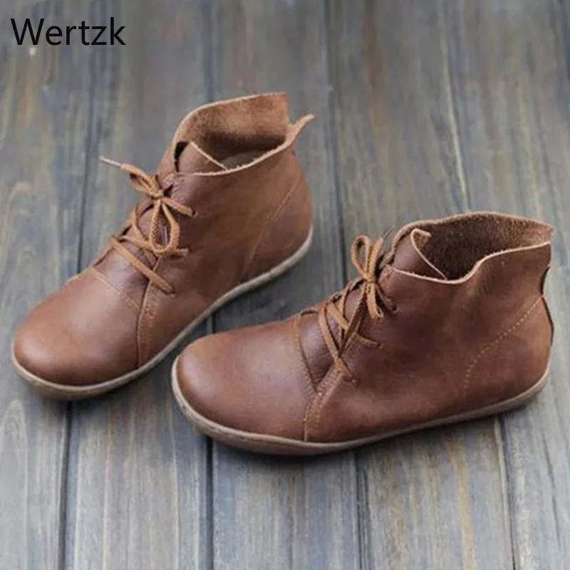 2020 Women Genuine Leather Ankle Boots Ladies Retro Shoes Woman Flats Lace Up Lightweight Soft Bottom Sewing Women's A721 | Обувь