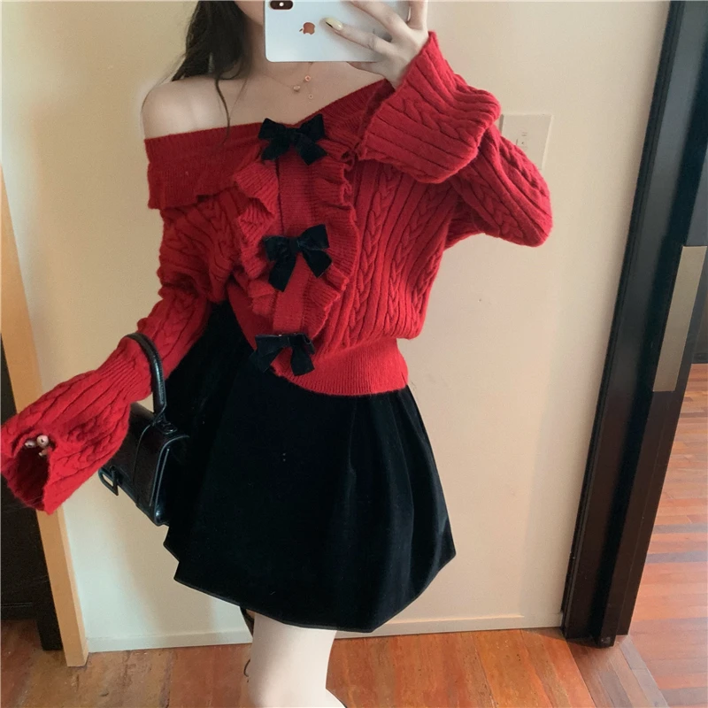Sweater Autumn V Neck Full Red Knitted Cardigan Short Slim Outfits Bow Diamond Single Breasted Knitwear Top Jumpers Retro Korean 
Sweater Autumn V Neck Full Red Knitted Cardigan Short Slim Outfits Bow Diamond Single Breasted Knitwear Top Jumpers Retro Korean